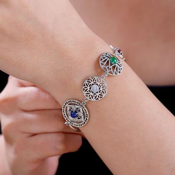 Multi Gemstone 4.35 ctw Adjustable Bracelet in Platinum Bond (7.25 In) New - Picture 3 of 5